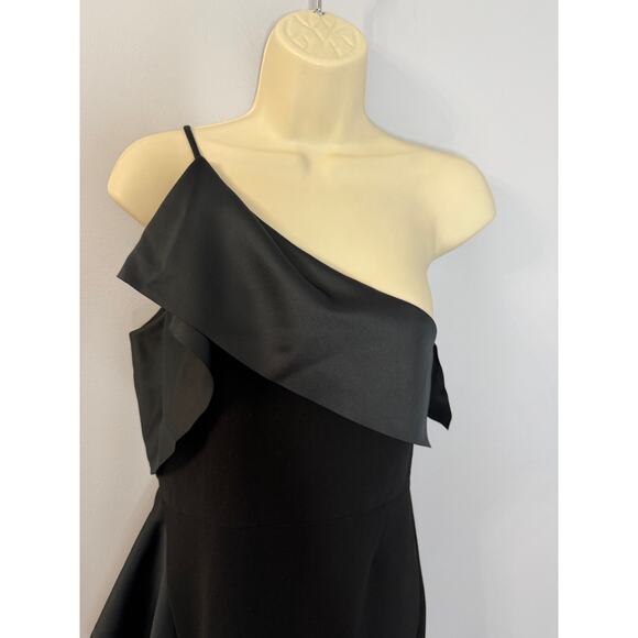 Halston Heritage One-Shoulder Draped Satin-Paneled Crepe Gown Black Dress Sz 4 - Picture 5 of 16